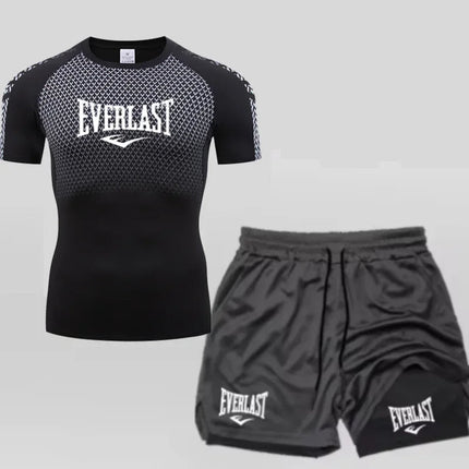 EVERLAST Men's Compress Shirt + 2-in-1 sports shorts 2pcs Set Leisure Breath Short Sleeve Sport Jogging Gym Brand Print Clothing platinumshop