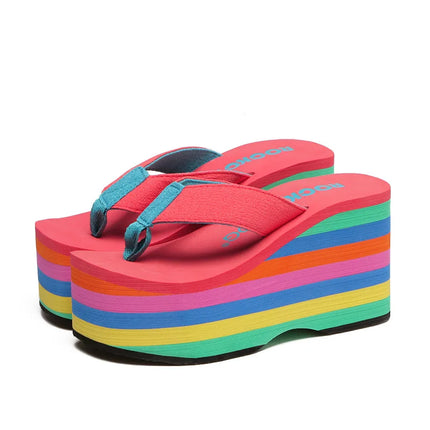 Rainbow Flip-Flops Women's Beach Sandals Summer Frosted Strap Super High Wedge Slippers Women's Summer Slippers