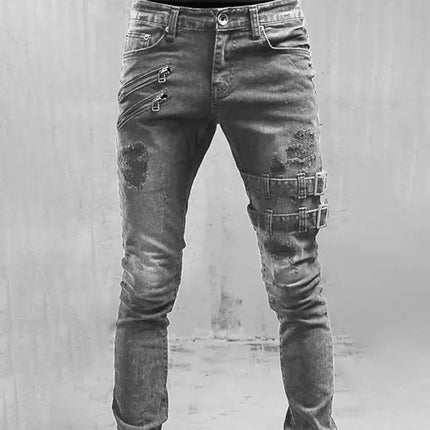 Zipper Decoration Slim Fit Biker Jeans Men Cotton Stretchy Ripped Skinny Jeans High Quality Hip Hop Black Oversize Denim Pants PlatiNum