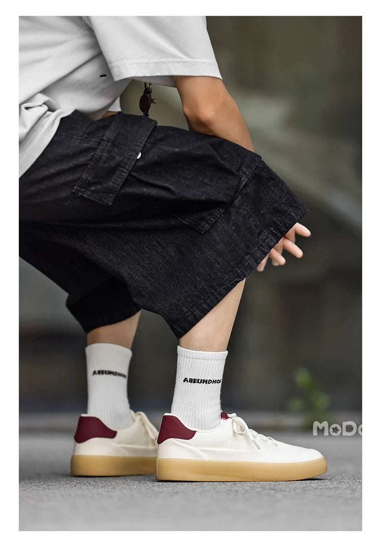 Men's Linen Canvas Platform Sneakers, Breathable Low‑Top Casual Skate Shoes, Retro Contrast Tan Trim Design, Soft Cushioned Thic