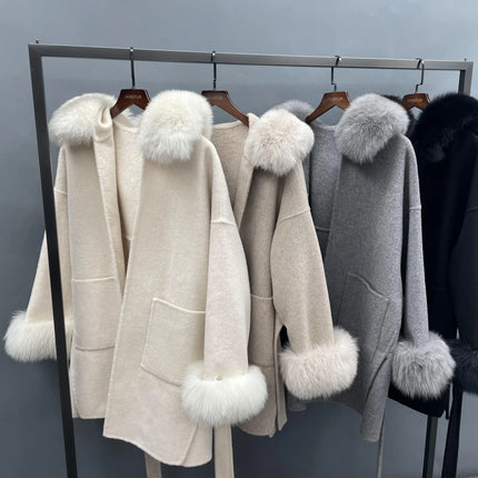 MISSJANEFUR Wool Coat with Real Fox Fur Collar Cuff Women Fashion Belted Cashmere Coats Warm Winter Hooded Trench Peacoat