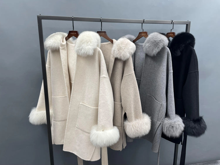 MISSJANEFUR Wool Coat with Real Fox Fur Collar Cuff Women Fashion Belted Cashmere Coats Warm Winter Hooded Trench Peacoat
