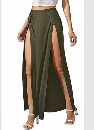 Nuova gonna elastica a vita alta da donna tinta unita spacco alto laterale vestibilità ampia assorbimento del sudore gonna lunga da spiaggia stile street