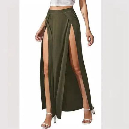 Neuer Damen-Rock, elastisch, hohe Taille, einfarbig, hoher Seitenschlitz, lockere Passform, schweißabsorbierend, langer Strandrock im Streetwear-Stil