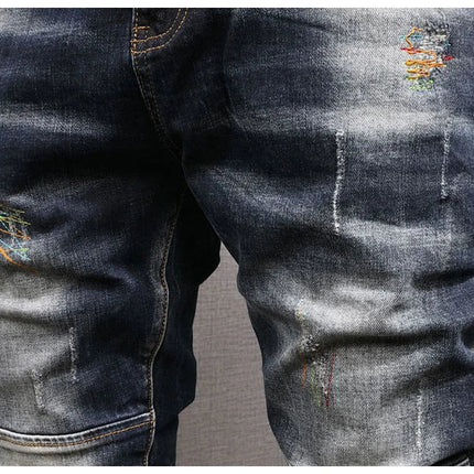 Fashion Streetwear Men Jeans Retro Black Blue Elastic Slim Fit Ripped Jeans Men Spliced Designer Embroidery Hip Hop Denim Pants PlatiNum