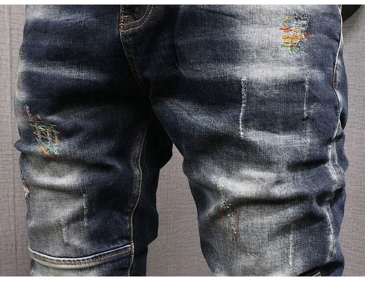 Fashion Streetwear Men Jeans Retro Black Blue Elastic Slim Fit Ripped Jeans Men Spliced Designer Embroidery Hip Hop Denim Pants PlatiNum