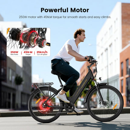 J1 Bici Elettrica 250W Pedelec, Batteria Rimovibile 36V 15,6Ah, Autonomia Assistita fino a 100 km, Bicicletta Elettrica Trekking 27,5”, Sospensione Anteriore con Blocco, 7 Velocità, Freni a Disco, Display LCD, per Pendolar