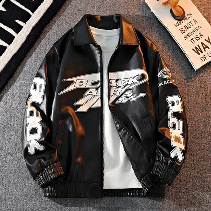 2026 New Men's American Racing Style Printed Leather Jacket Fashion Stand Collar Motorcycle Biker Coat Casual Outerwear PU