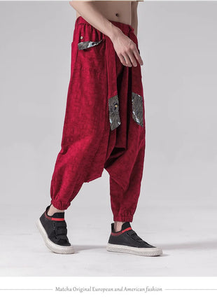 Pantaloni a gamba larga da uomo in cotone e lino casual oversize Harajuku pantaloni alla moda da uomo samurai giapponese retrò Ukiyo-e stampa pantaloni con cintura da uomo