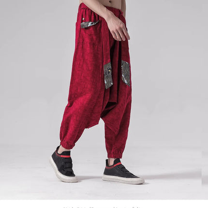 Pantaloni a gamba larga da uomo in cotone e lino casual oversize Harajuku pantaloni alla moda da uomo samurai giapponese retrò Ukiyo-e stampa pantaloni con cintura da uomo