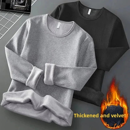 Men's Long Sleeve T-shirt Fleece Lined Thickened Non-flammable Velvet Warm Round Neck Base Shirt Casual Breathable Winter Tshirt PlatiNum