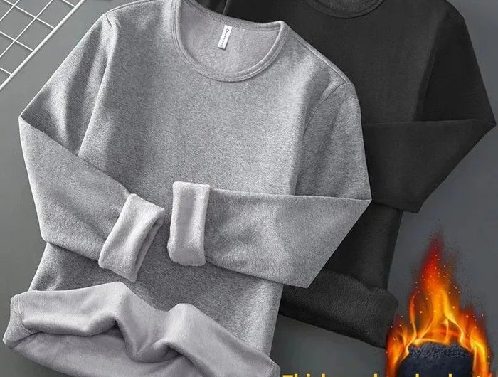 Men's Long Sleeve T-shirt Fleece Lined Thickened Non-flammable Velvet Warm Round Neck Base Shirt Casual Breathable Winter Tshirt PlatiNum