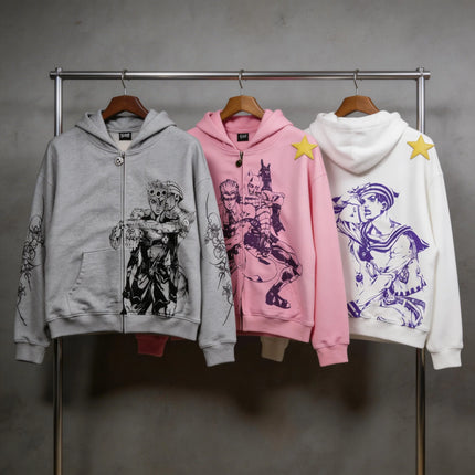 Jojo Bizarre Adventure Star Design Hoodies Women Men Zip Anime Hoodie Harajuku Streetwear Sweatshirt Y2k Men Clothing