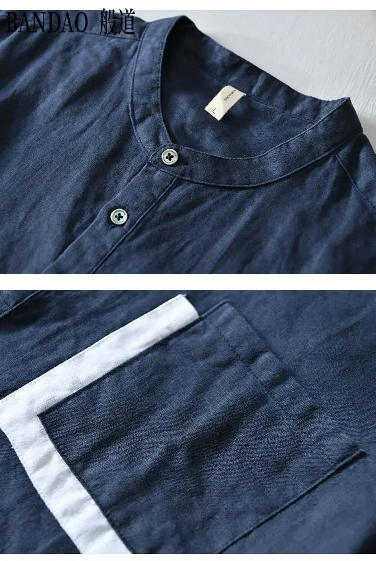 T-shirt con colletto della camicia traspirante casual in lino di cotone a maniche corte da uomo di fascia alta allentata primavera ed estate in stile cinese