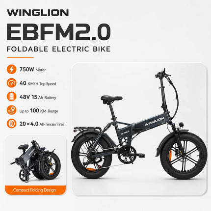 Nuova Bicicletta Elettrica Pieghevole WINGLION eb-fm2.0, Motore 720W, Batteria 48V 15AH, Pneumatici Larghi 20 "x4.0, Freno Idraulico, Ideale per Adulti, Città, Casa, Lavoro