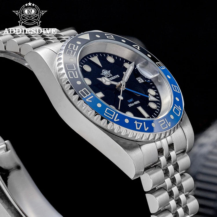 ADDIESDIVE 40mm GMT Watch Men Top Brand Quartz Wristwatch Luxury Ceramic Bezel 20Bar Diving Waterproof Luminous Watch AD2050