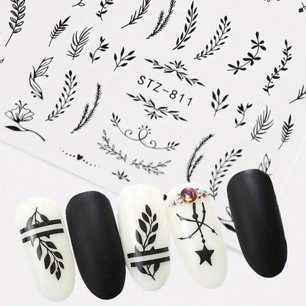4pcs Nail Art Stickers Black Leaf Flowers Summer Nail Water Decals Sliders Set Wraps Tattoo Designs Decors Manicure