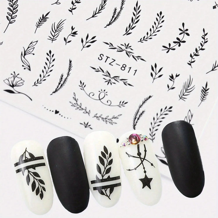 4pcs Nail Art Stickers Black Leaf Flowers Summer Nail Water Decals Sliders Set Wraps Tattoo Designs Decors Manicure