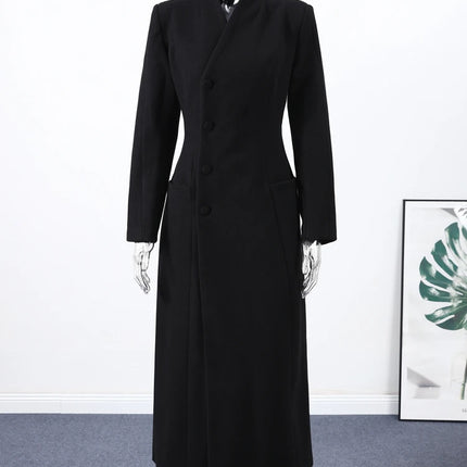 Women's Long Coat Slim V Neck Single Breasted Overcoats Shoulder Pad Maxi Jackets with Belt 2025 New Winter Lady Commute Outwear