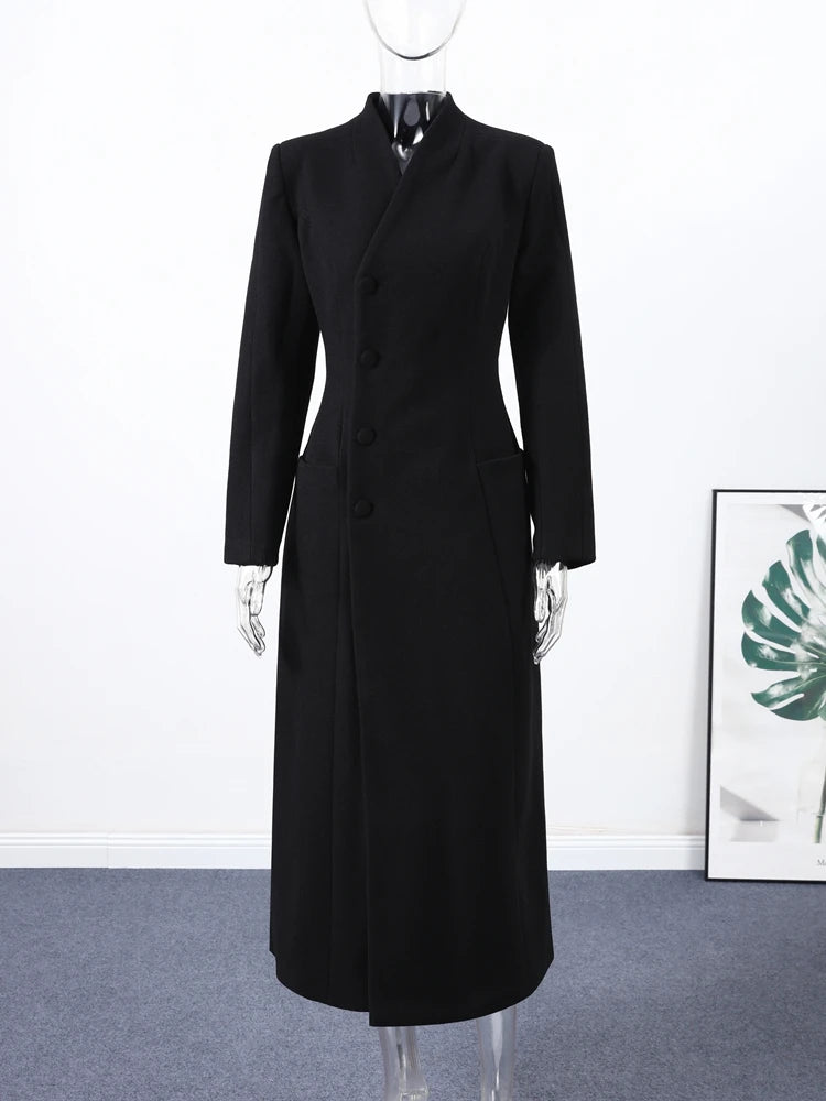 Women's Long Coat Slim V Neck Single Breasted Overcoats Shoulder Pad Maxi Jackets with Belt 2025 New Winter Lady Commute Outwear