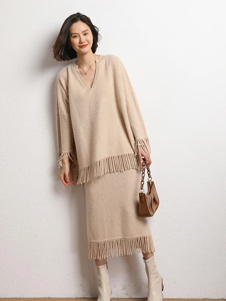 New Straight A-line Skirt Women's 100% Cashmere knitwear Spring Autumn Casual Loose Tassels Soft High Waist Mid Length Skirt PlatiNum