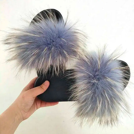 Real Raccoon Fur Slippers for Women 2023 Summer Fluffy Indoor Home Fuzzy Flat Slides Outdoor Fashion Beach Sandals Flip Flops