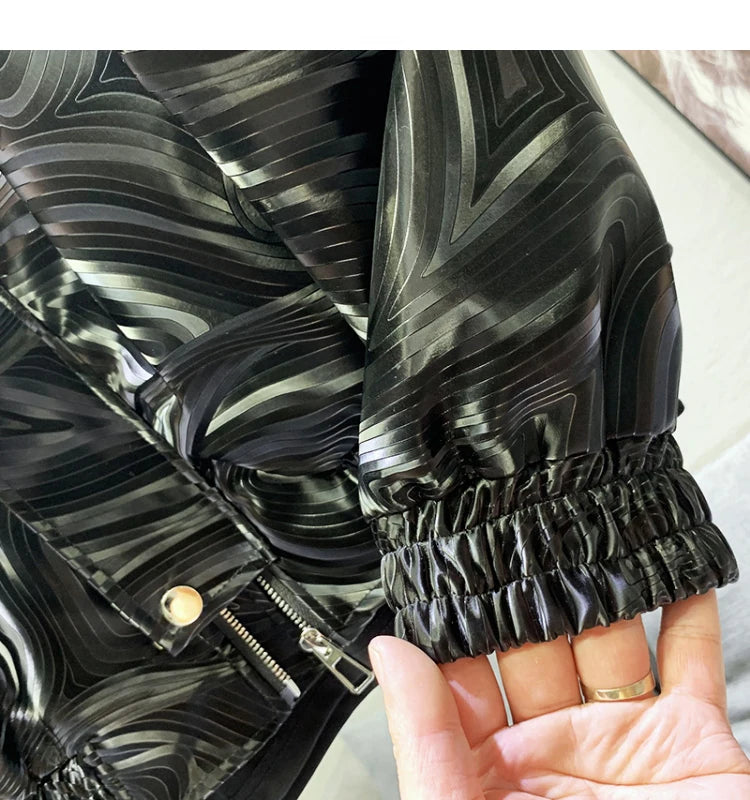 Mauroicardi Spring Autumn Cool Short Black Shiny Geometric Faux Leather Jacket Men Zipper Stylish Luxury Designer Clothes