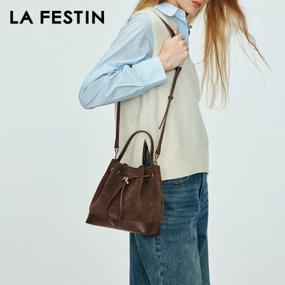 LA FESTIN Original New Women Bag Luxury Suede Bag Leather Handbag Winter Bags Fashion Shoulder Bag Bucket Bag Crossbody Bag