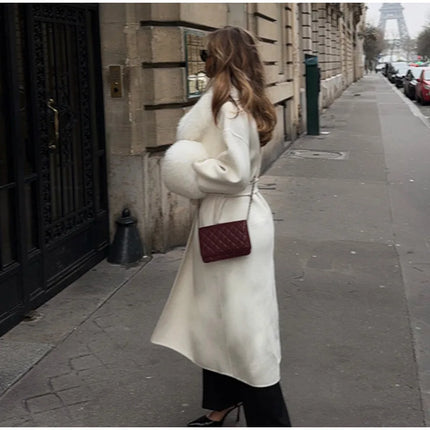 White Fur Patchwork Lace-up Overcoats Women's Street V-neck Full Sleeve Long Woolen Coat 2025 Winter New Ladies Thick Outwear