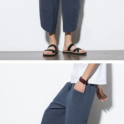 Pantaloni Estivi da Uomo 2026 Stile Cinese in Cotone e Lino, Pantaloni Harem Traspiranti da Spiaggia, Pantaloni Casual a Tre Quarti, Streetwear