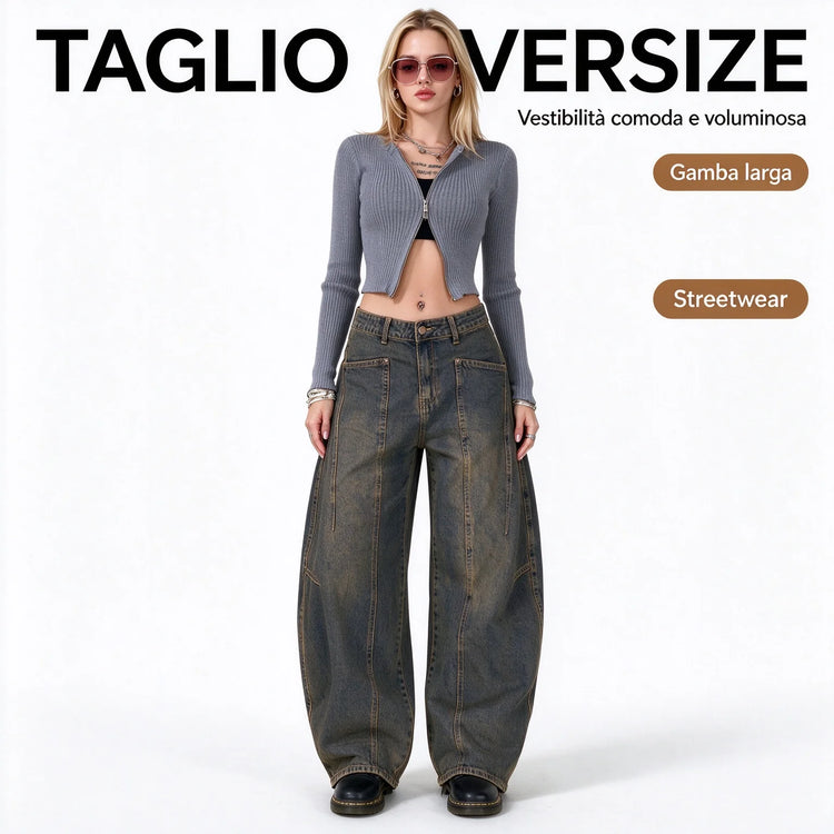 Women’s High-Waisted Wide-Leg Curved Jeans, Rust-Brown Vintage-Wash Denim with Vertical Stitching and Front Pockets, Casual Retro-Style Trousers for Everyday Wear  YW-1855