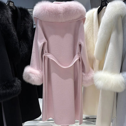 YOLOAgain Women's 100% Wool Coat Long With Detachable Real Fox Fur Collar 2025 Autumn Elegant Double-Sided Wool Coat