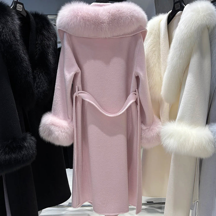 YOLOAgain Women's 100% Wool Coat Long With Detachable Real Fox Fur Collar 2025 Autumn Elegant Double-Sided Wool Coat