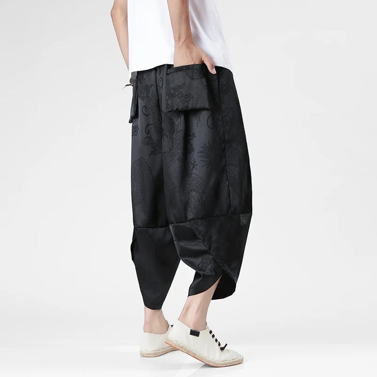 Pantaloncini in Seta Ghiaccio da Uomo, Stile Cinese, Estivi, Comodi, Pantaloni Harem Vintage Traspiranti, Tinta Unita, Lunghezza al Polpaccio