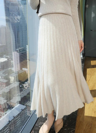 Autumn And Winter Fashion Mink Cashmere Mid Length High Waist Skirt For Women, Knitted Umbrella Skirt, Fashionable Pleated Skirt PlatiNum
