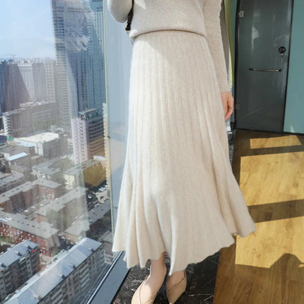 Autumn And Winter Fashion Mink Cashmere Mid Length High Waist Skirt For Women, Knitted Umbrella Skirt, Fashionable Pleated Skirt PlatiNum