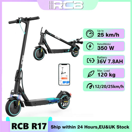 Monopattini elettrici RCB R17 350W, autonomia 23-30 km, design pieghevole, pneumatici solidi da pollici, doppio freno, certificati VMP