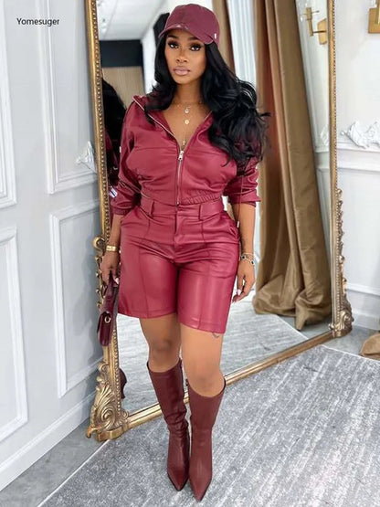 Yomesugar Autumn Sexy PU Leather 2 Piece Sets Women Hipster Zip Hooded Full Sleeve Crop Jacket and Shorts Matching Streetwear