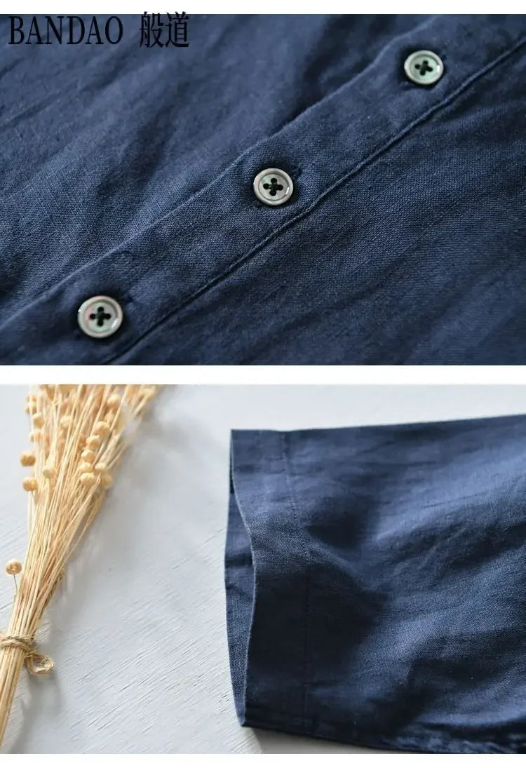 T-shirt con colletto della camicia traspirante casual in lino di cotone a maniche corte da uomo di fascia alta allentata primavera ed estate in stile cinese