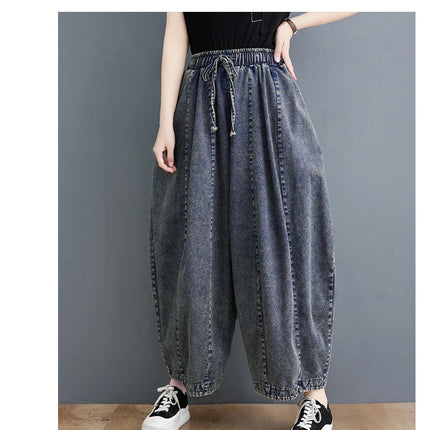 508 primavera estate nuovi Jeans larghi 100kg per le donne coulisse semplice tinta unita nero Vintage cotone femminile lanterna pantaloni in Denim