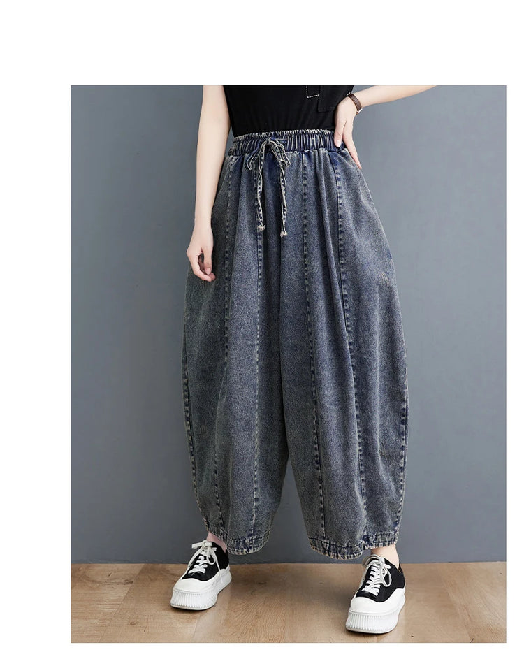 508 primavera estate nuovi Jeans larghi 100kg per le donne coulisse semplice tinta unita nero Vintag