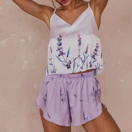 Set da 4 pezzi pigiameria da donna in raso di seta pigiama Set estivo con scollo a v cinturino da notte pigiama Homewear Fox Animal Flower Print Clothes