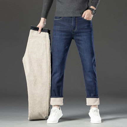 Soft Comfort Thicken Elastic Jeans Male Winter Warm Fleece Work Trousers Men Plush Wool Stretch Loose Straight Denim Pants