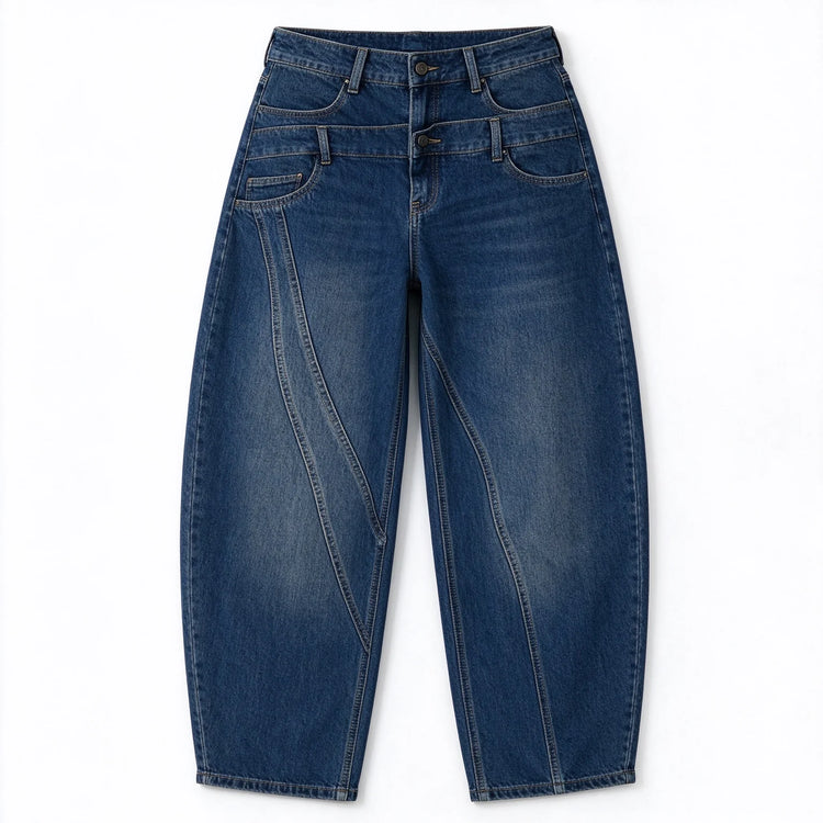 Women’s High-Waisted, Wide-Leg, Curved-Fit Jeans with Matching Scarf Belt Included, Vintage-Wash Blue Denim with Diagonal Stitching, Casual Retro-Style Trousers for Everyday Wear  FX-5380-1