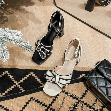 【JOCHEBED HU】2026 New Summer Retro Women's High Heels Thick Heel Square Toe Back Empty Shoes Trend 33-46