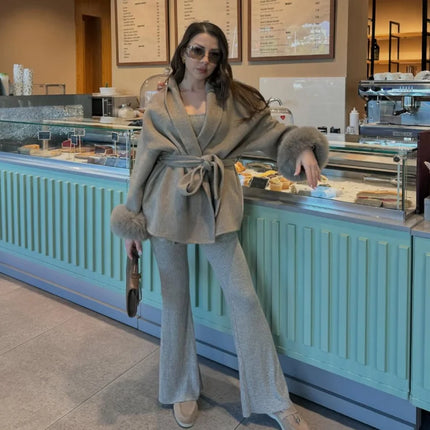 Solid Lace Up Faux Fur Sleeve Jacket Woman Elegant Mid-length V-neck Woolen Blend Coat Autumn Casual Fashion Scarf Outwear 2025