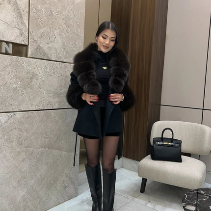 Lady Faux Fur Collar Cuffs Patchwork Short Overcoat  Belted Lace Up Loose Warm Jacket New Winter Daily Street Women's Outerwear