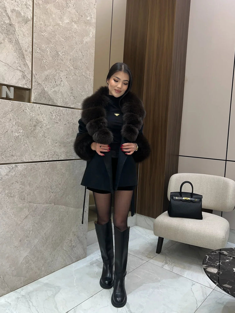 Lady Faux Fur Collar Cuffs Patchwork Short Overcoat  Belted Lace Up Loose Warm Jacket New Winter Daily Street Women's Outerwear