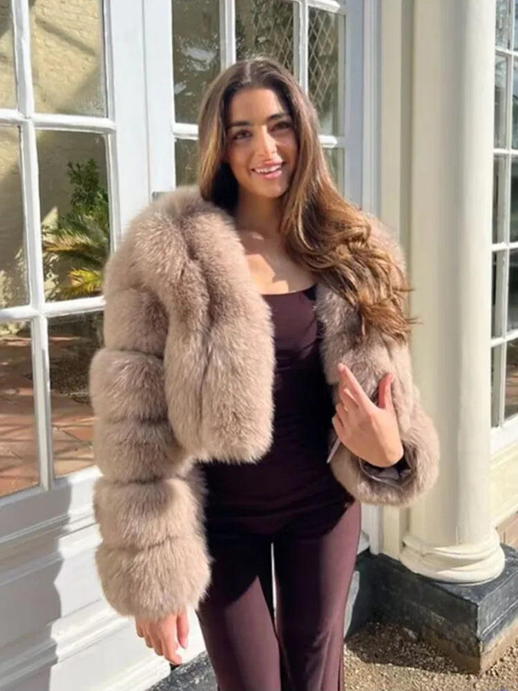ZADORIN Luxury Cropped White Faux Fox Fur Coat Woman Clothing V Neck Long Sleeve Winter Fluffy Faux Fur Jacket Fur Coats Woman