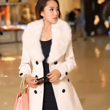 Mid Length Wool Coats Women Fur Collar Splice Blends Korean Full Sleeve Double Breasted Lace Up Belt Thick Warm Winter Jackets